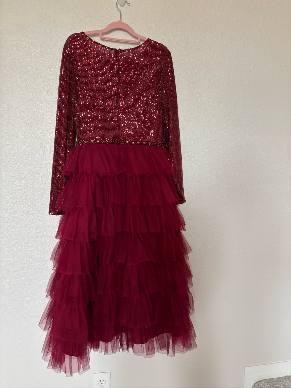 IEENA for Mac Duggal Style 26299 Burgundy Sequin Bodice Tiered Tulle Midi Dress - Picture 5 of 16